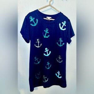 NWT • MARY SQUARE • NAVY BLUE ANCHOR SEQUINS TSHIRT DRESS • SIZE SMALL